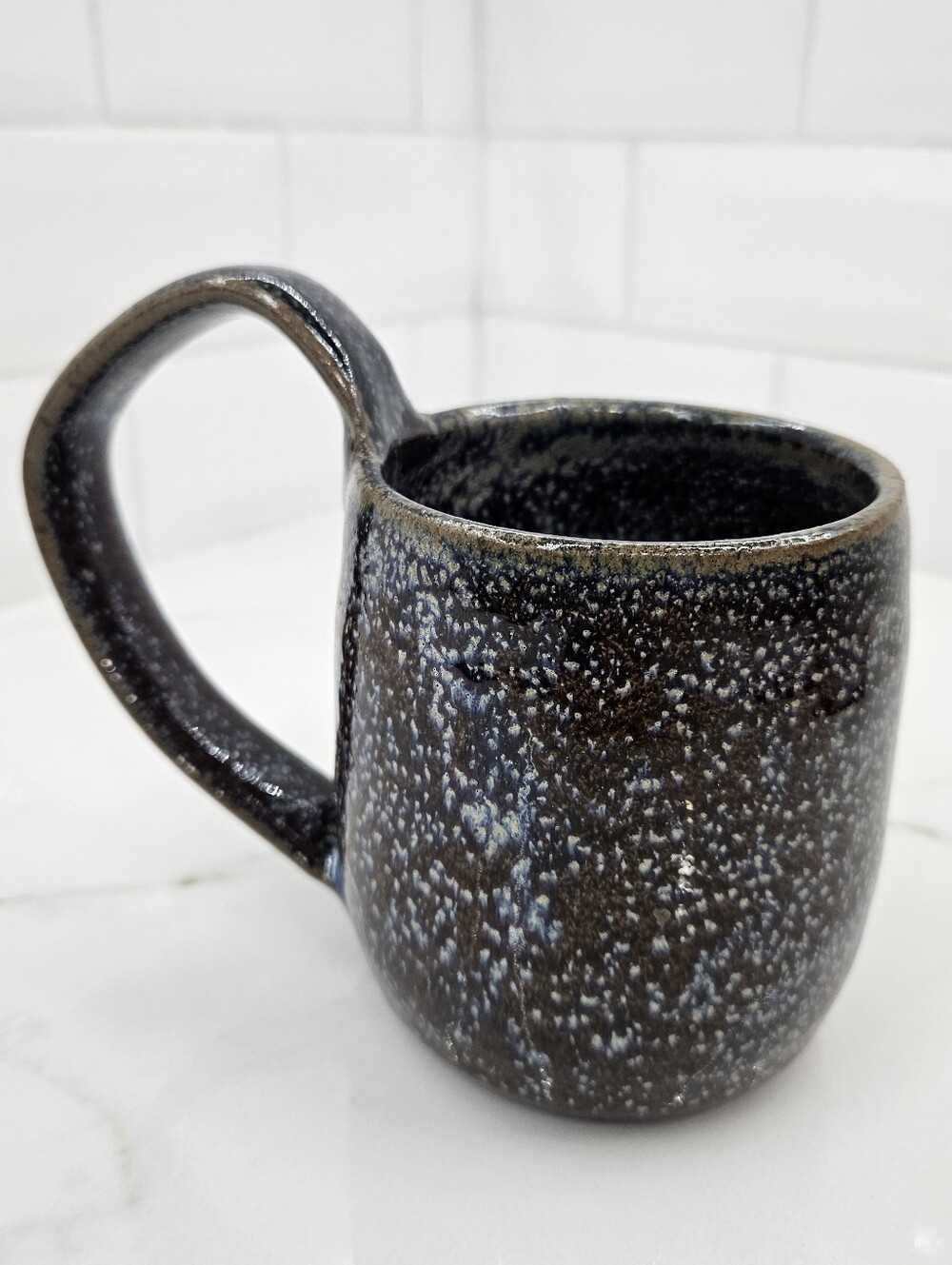 Art Pottery Brown Blue Speckled Mug Reactive Glaze Primitive Exaggerated Handle
